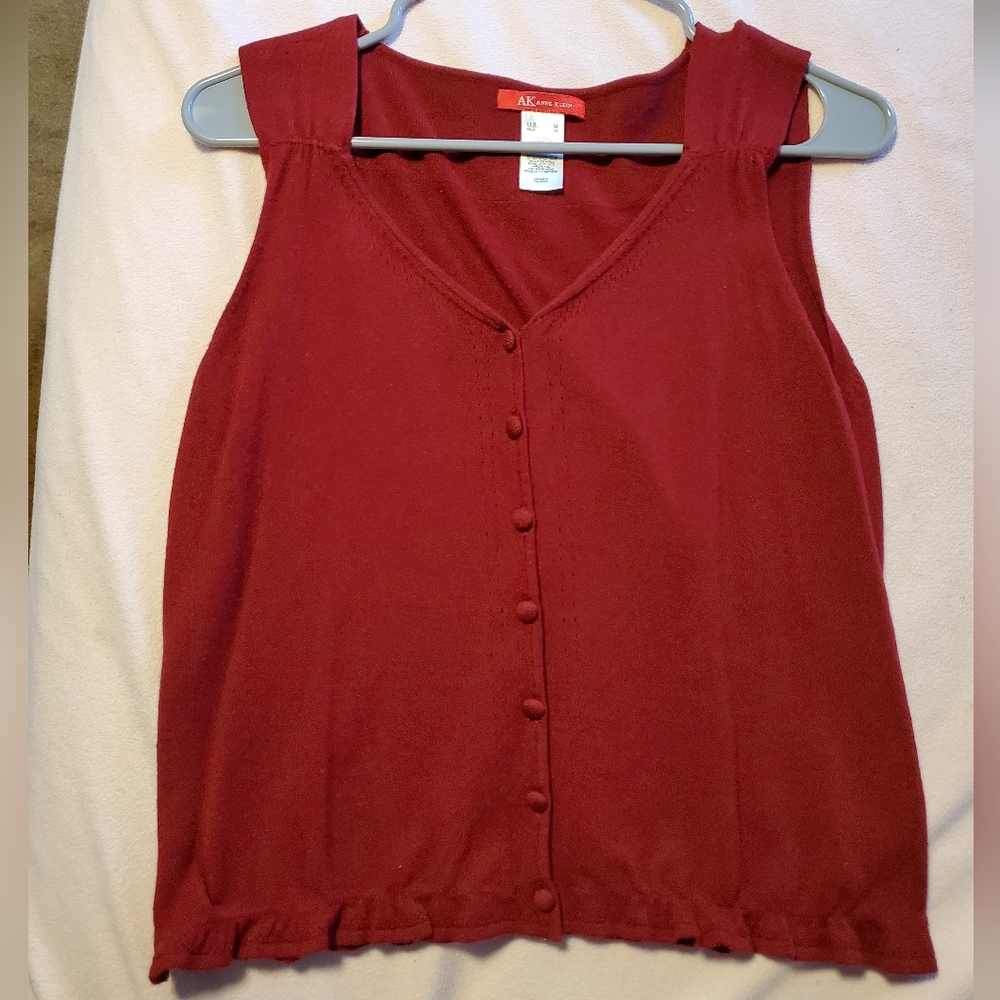 Red v-neck button-up no-sleeve top